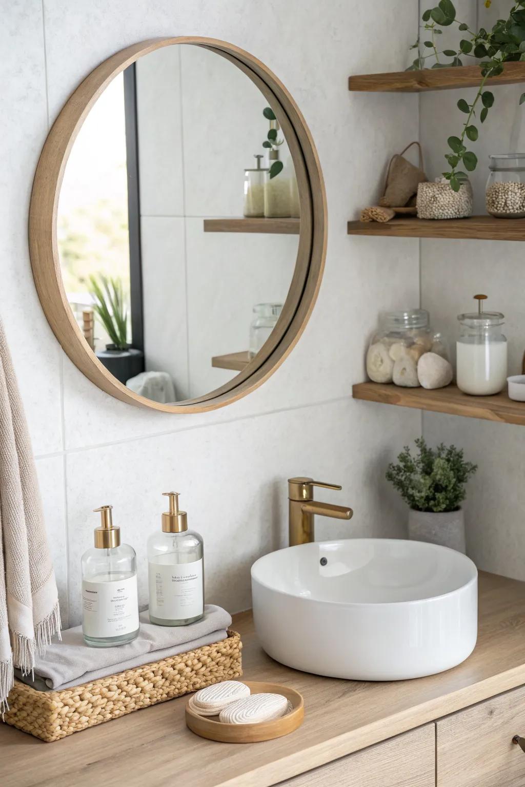 Symmetrical floating shelves frame the mirror for a balanced, small-bathroom styling moment.