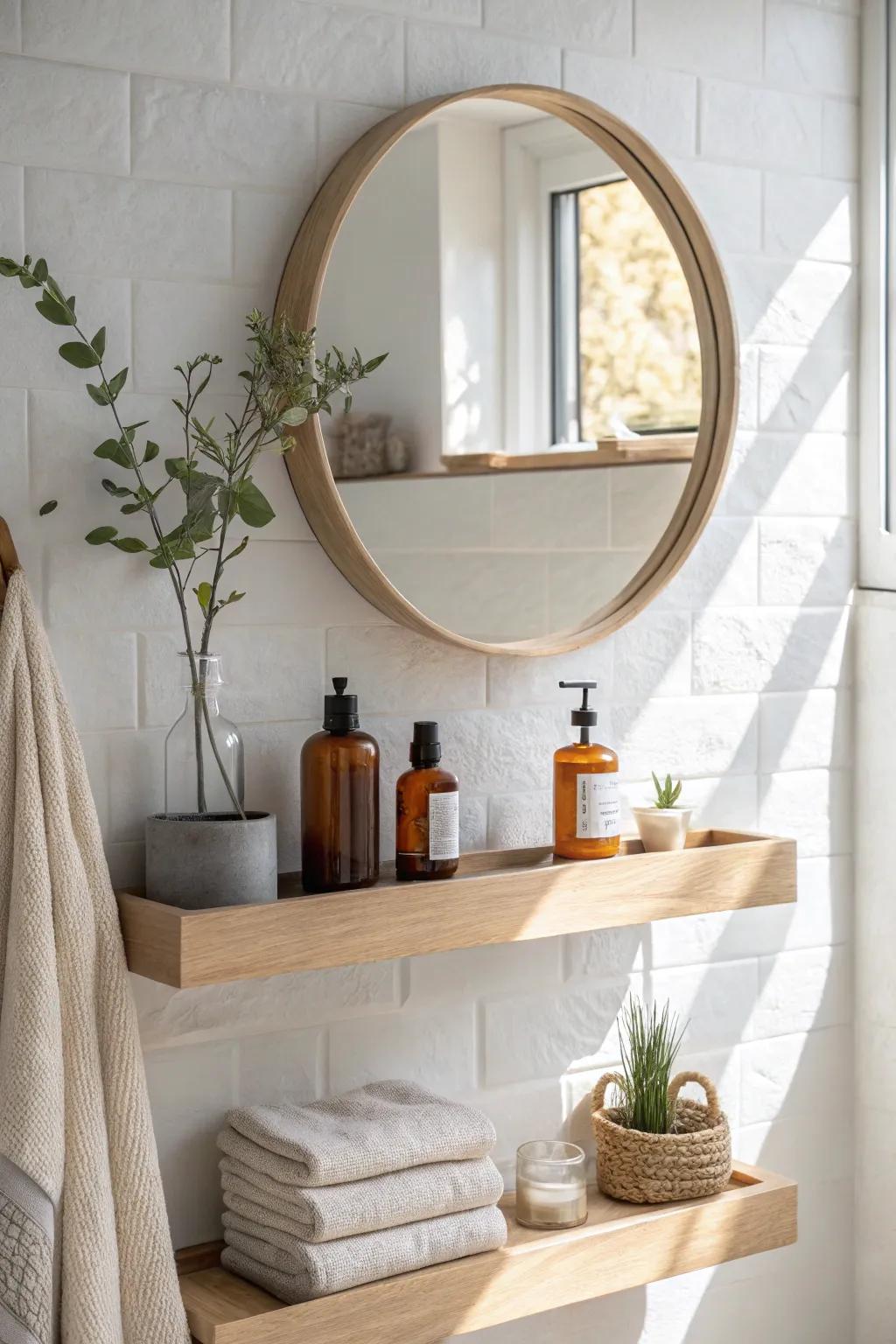 Matching floating shelves flanking the mirror add balanced storage without crowding a tiny vanity.