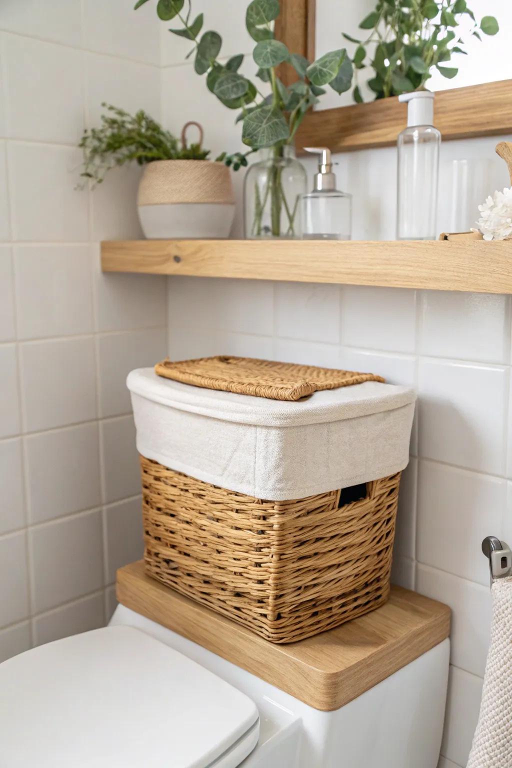 Turn the space above the toilet into a chic nook with a floating shelf and woven basket.