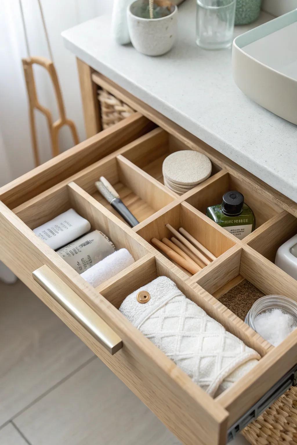 Tiny drawer dividers keep dental, skincare tools, and first-aid sorted—no more morning digging.