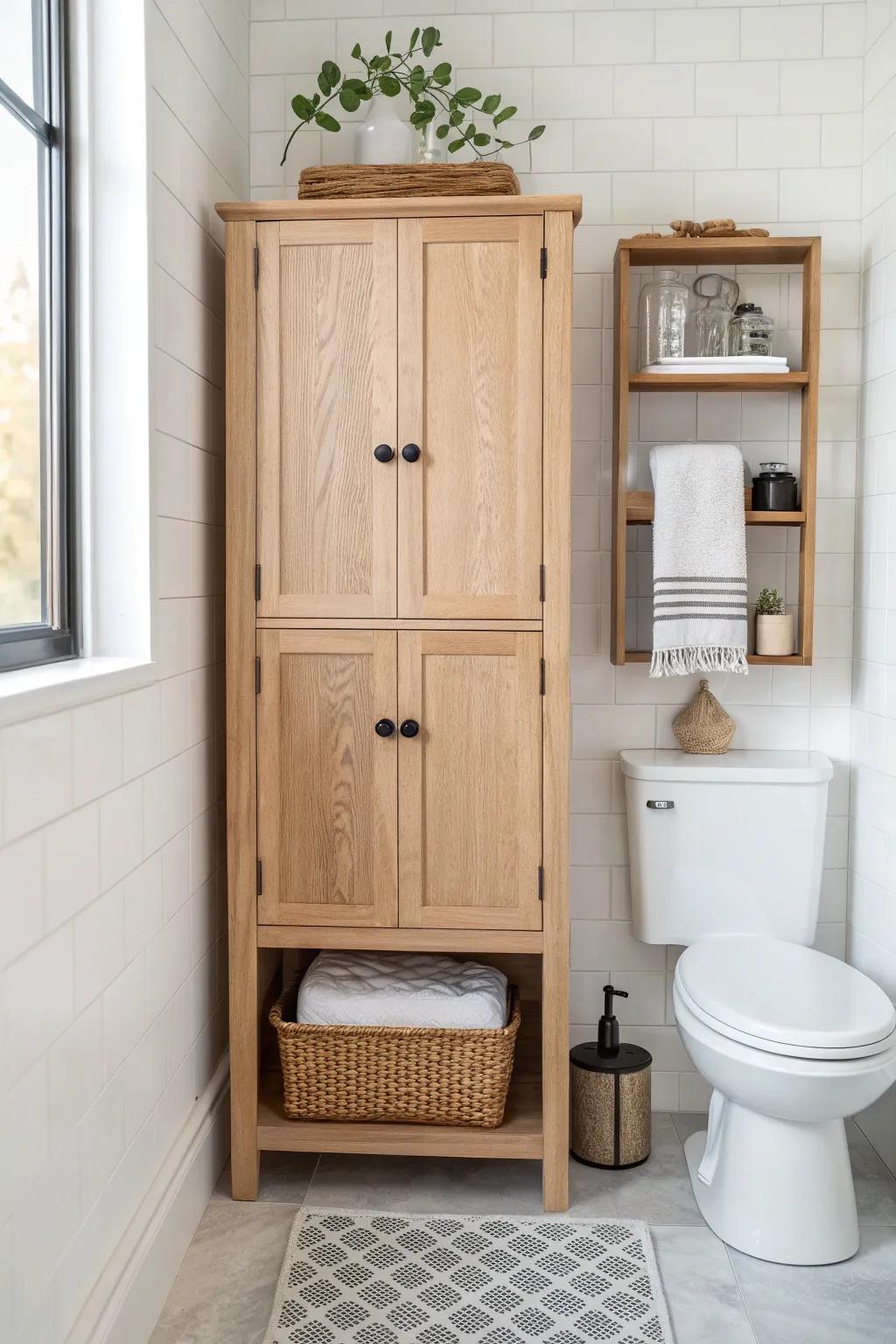 Over-the-toilet pantry cabinet: calm closed storage that maximizes vertical space in small baths.
