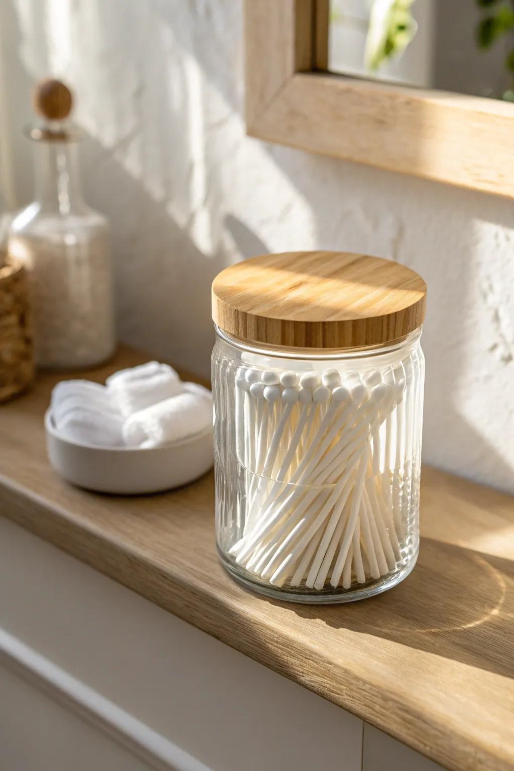 A clear glass jar for swabs and pads keeps your bathroom shelf chic, tidy, and refill-ready.