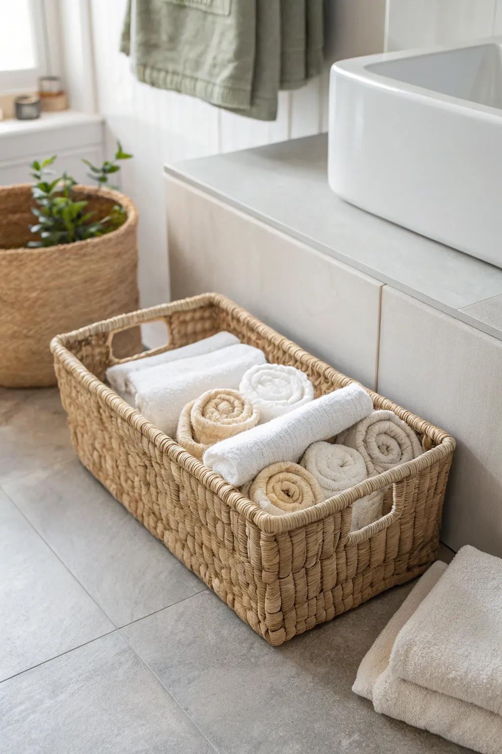 A low under-sink basket keeps backup towels tidy, hidden, and effortlessly beautiful.