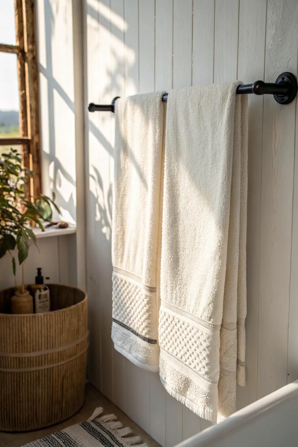 Quick tri-fold towel bar hack: crisp, even hang that instantly makes a small bath feel tidy.
