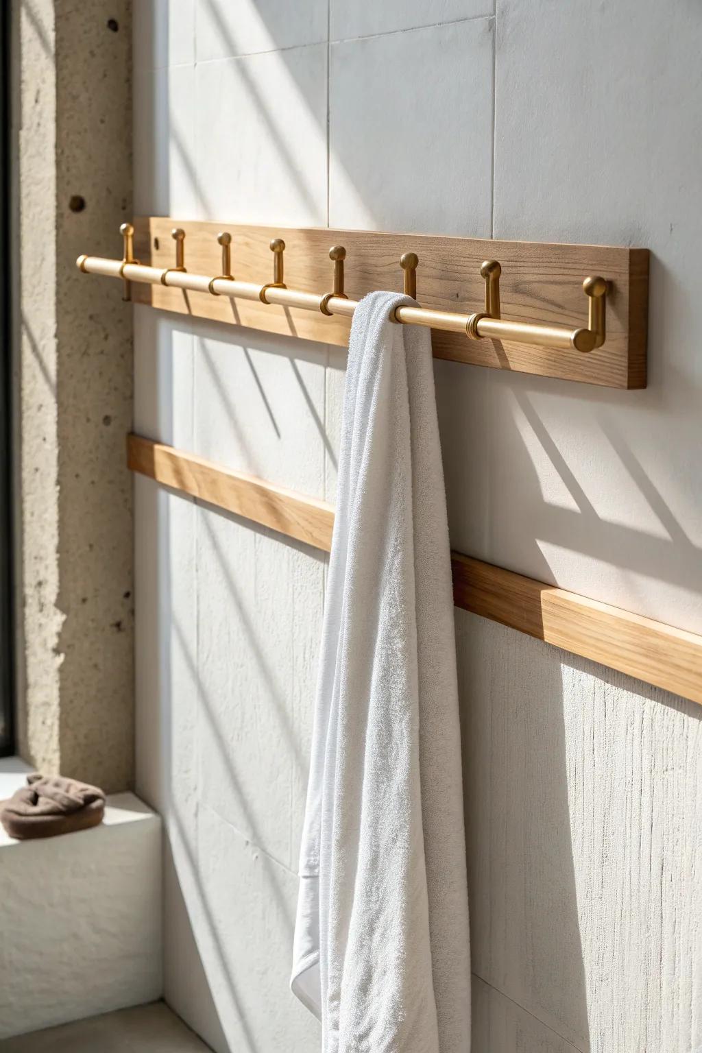 A slim multi-hook rail turns a skinny wall strip into a calm, clutter-free towel zone.