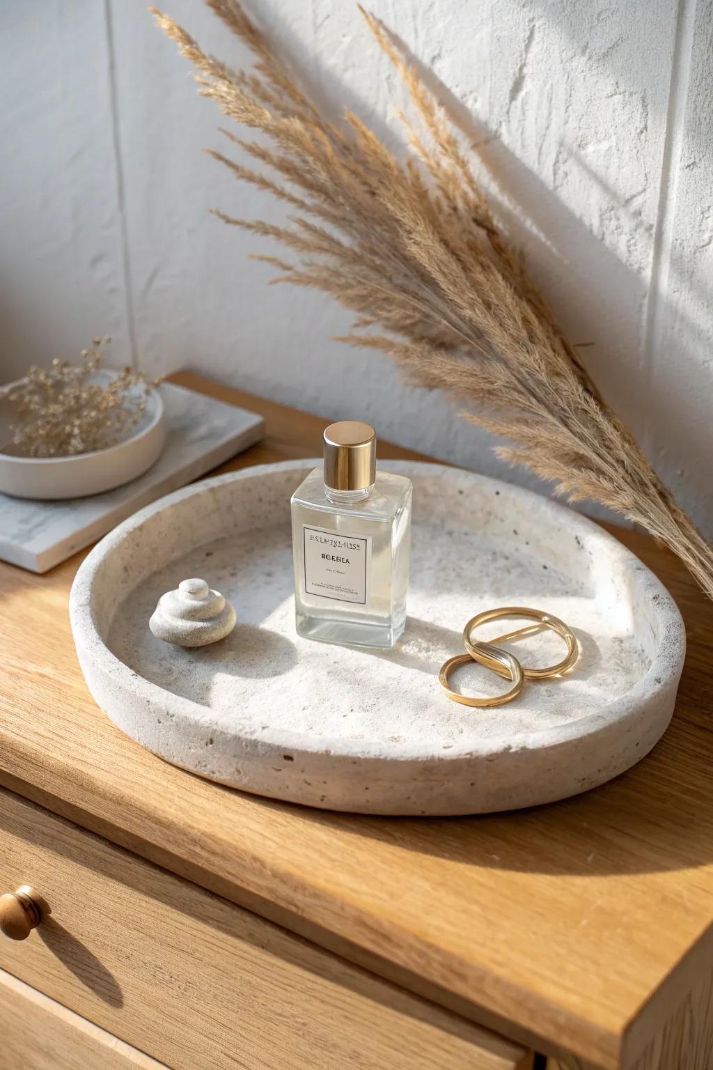 A chic bathroom catchall tray to corral perfume and jewelry in the tiniest vanity corner.