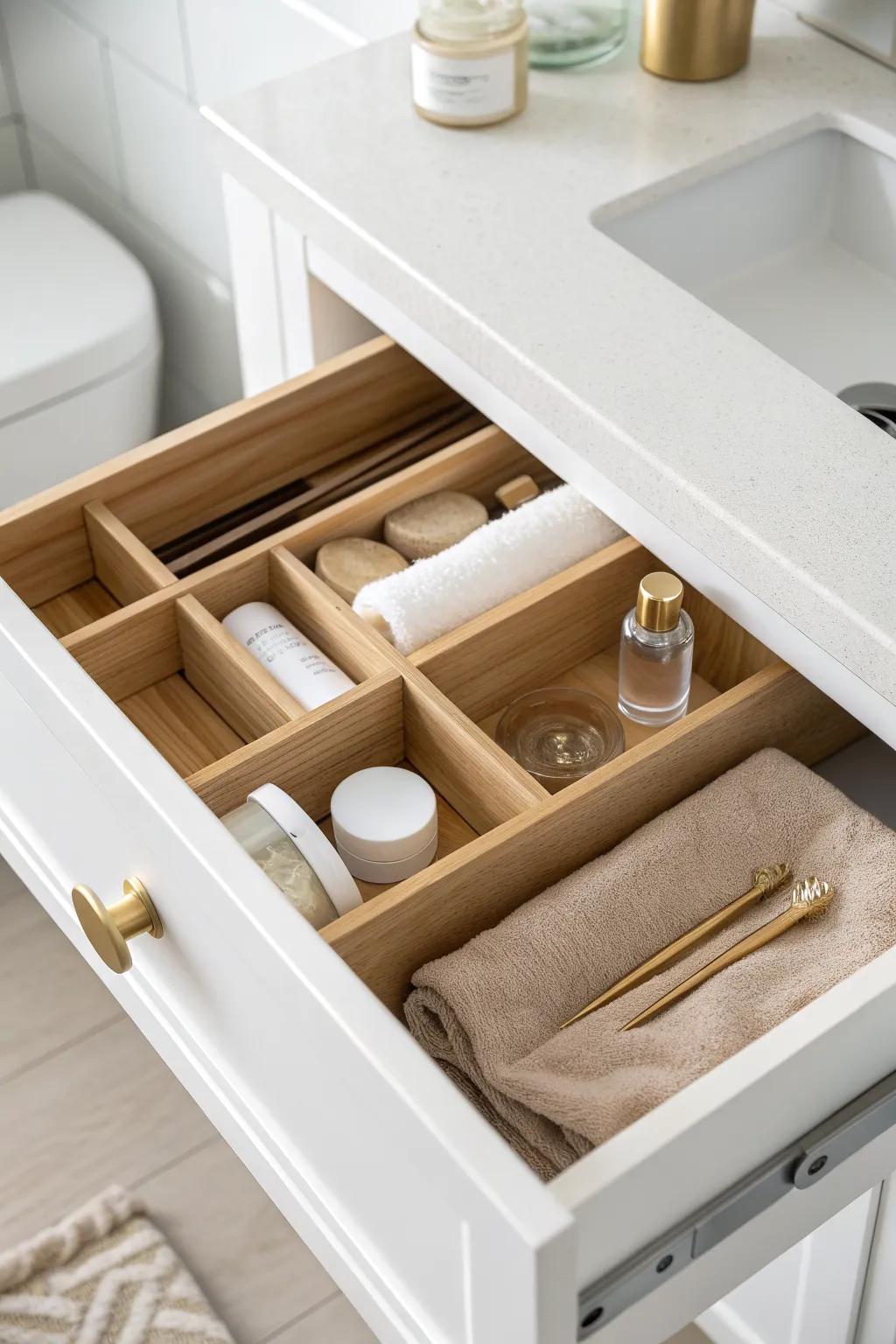 Instant calm: wooden drawer dividers create tidy vanity zones for tubes, tools, and extras.