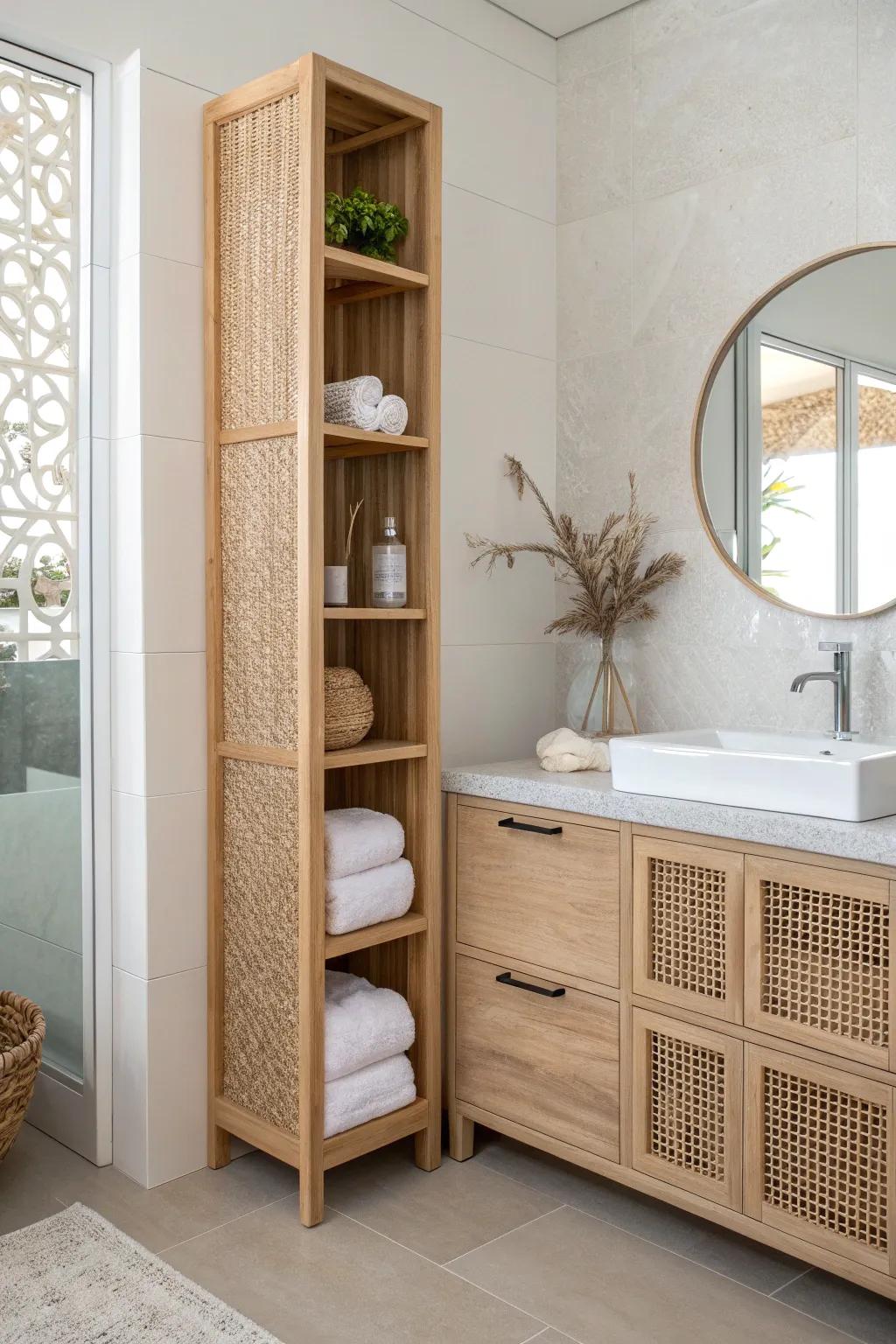 A slim countertop-to-ceiling vanity tower divider for airy storage without the bulky linen-closet look.