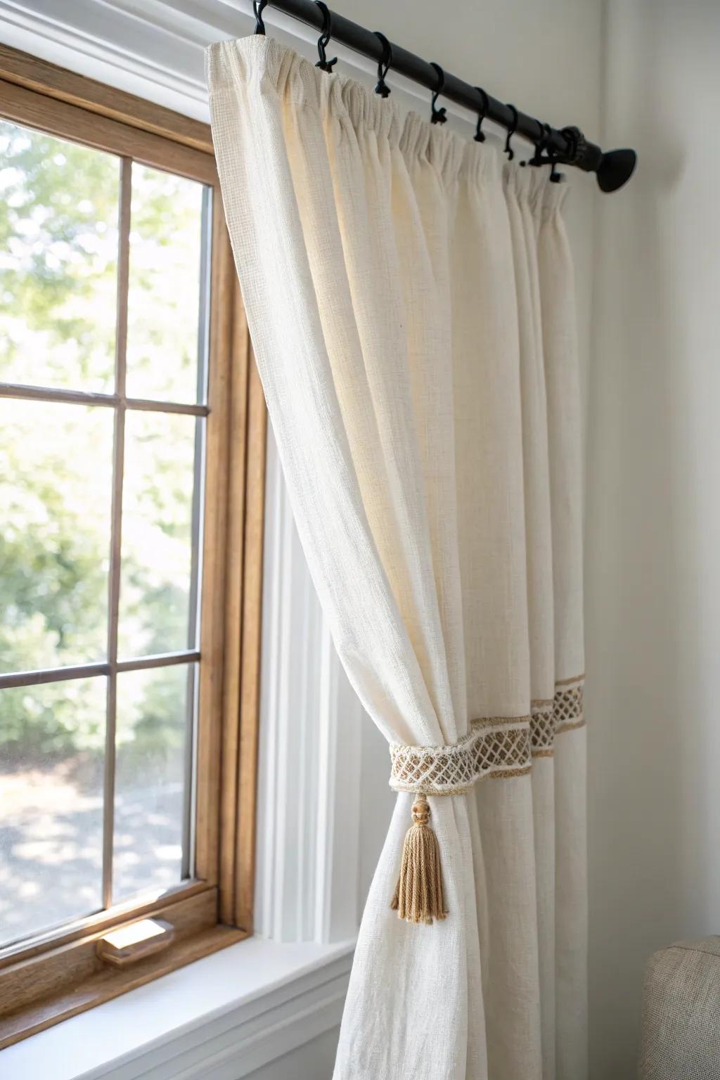 Stationary linen side panel: the easiest way to frame a bay window without blocking light.