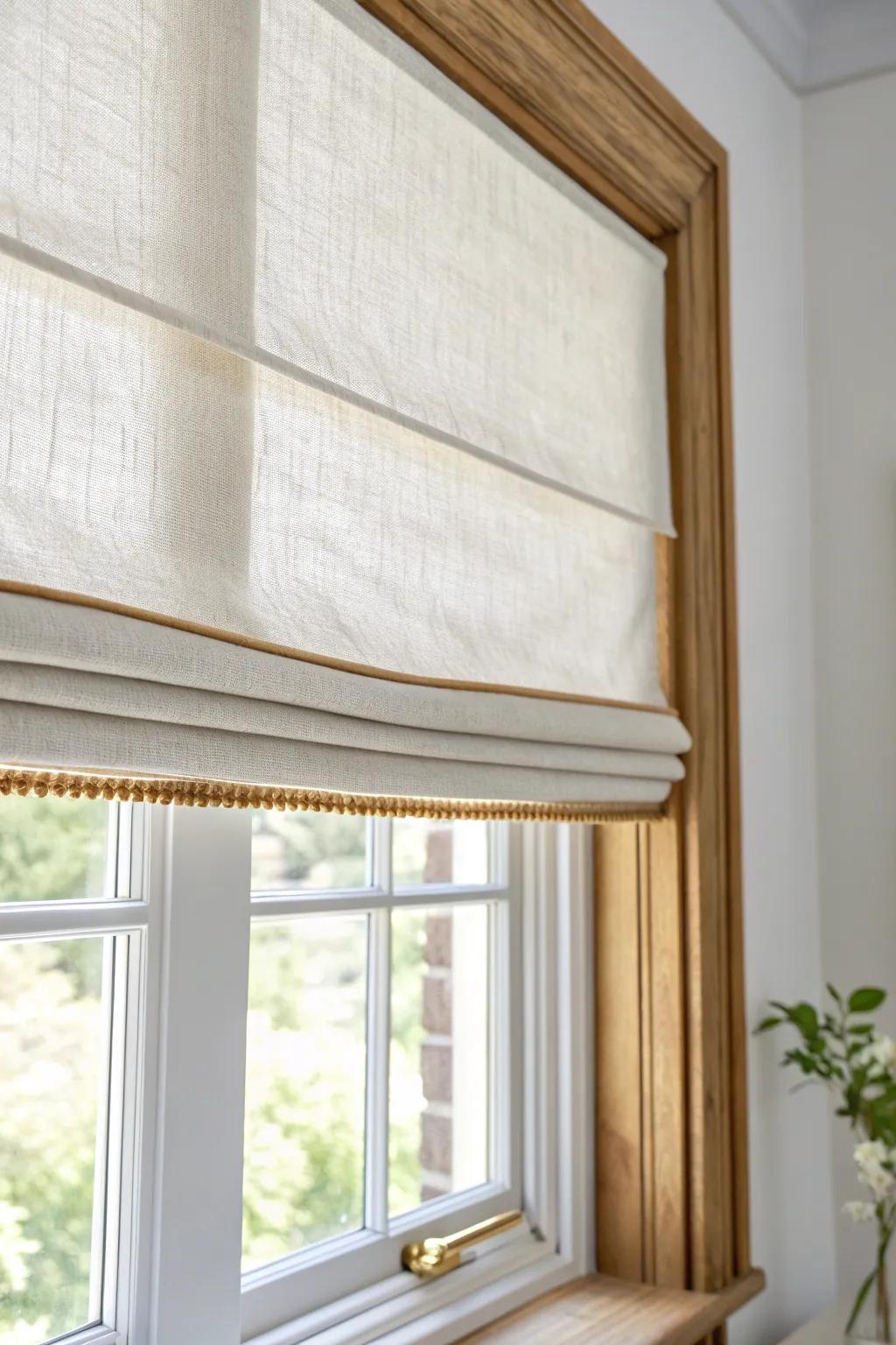 Linen Roman shades for bay panels: soft filtered light, clean folds, and polished privacy.