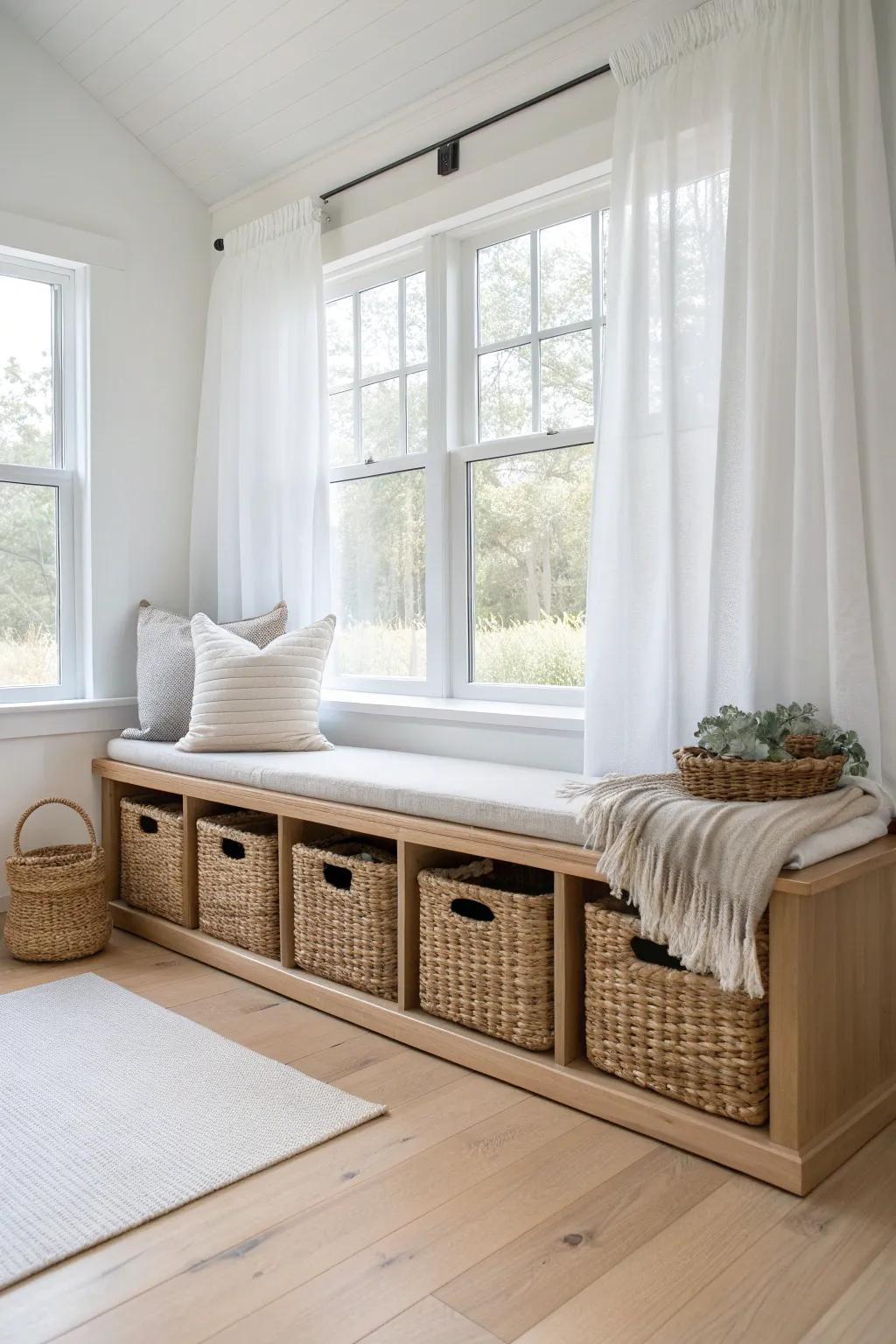 Open cubby bay window bench + matching woven baskets—cozy, tidy storage for small spaces.
