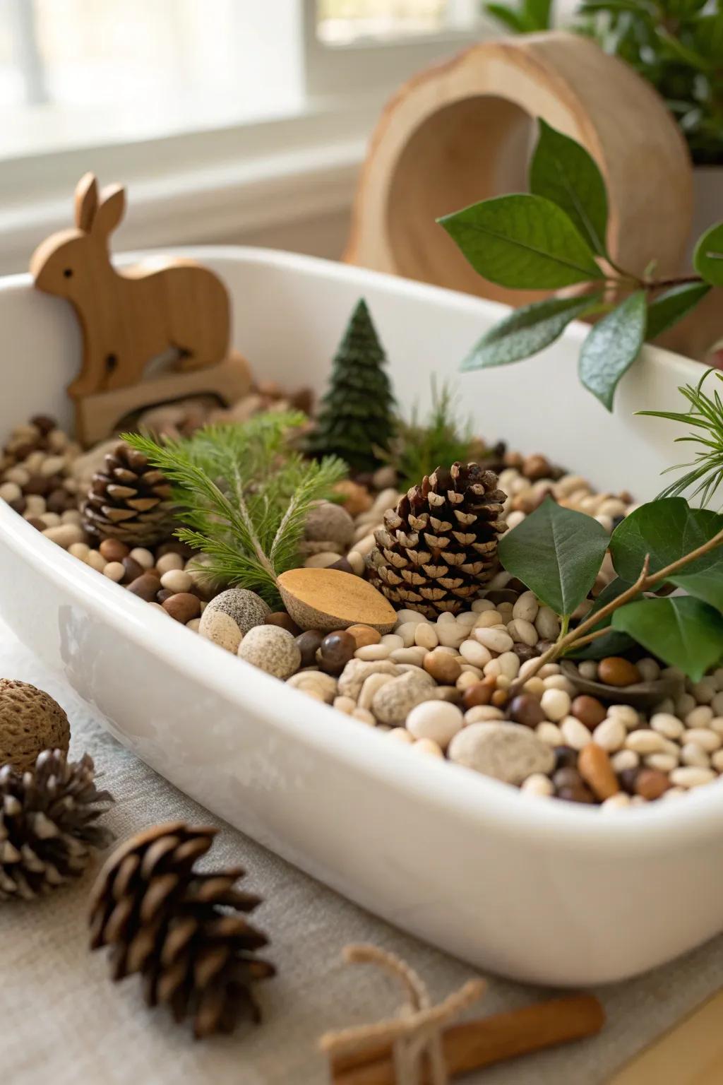 Discover the magic of nature with this minimalist sensory bin, perfect for little explorers seeking a forest adventure at home.
