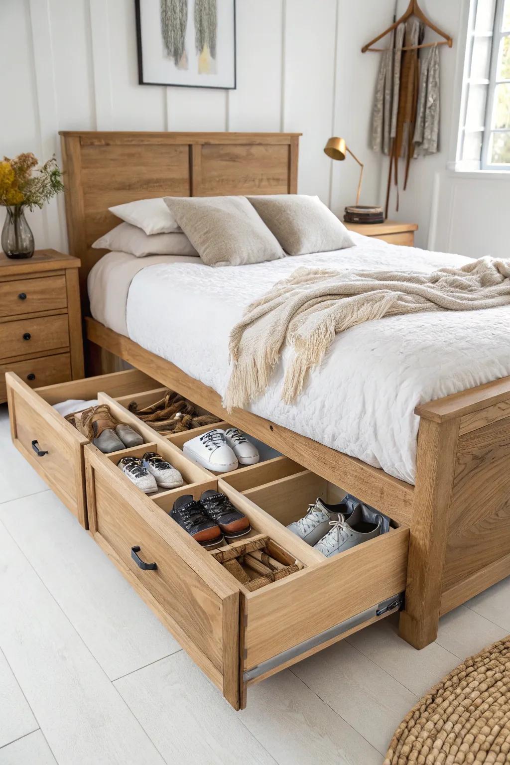 A captain’s bed with deep drawers—dresser-level storage without sacrificing floor space.
