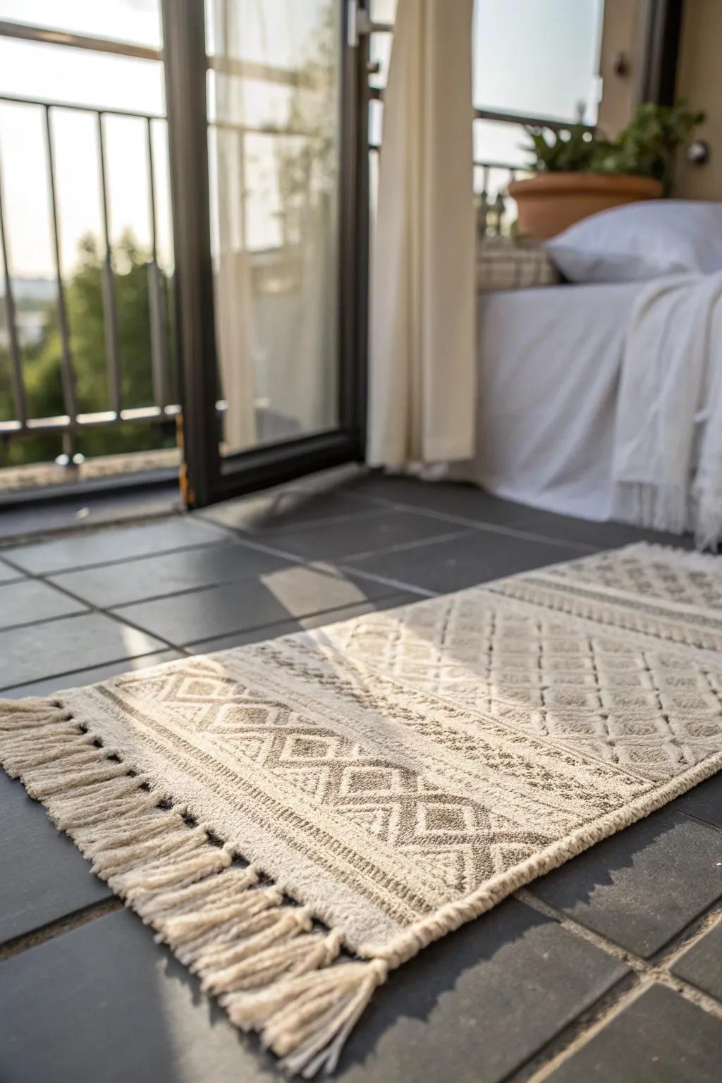 Layer a woven outdoor rug to warm up your bedroom balcony and tie it to your bedding palette.