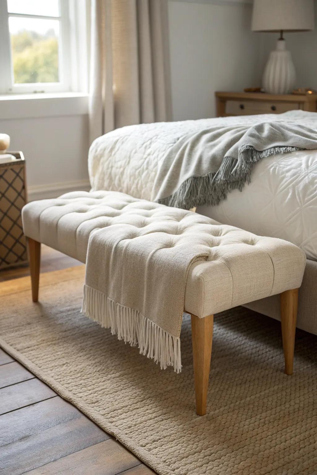 A tufted bench + a single throw blanket—instant luxe layering for a small bedroom.