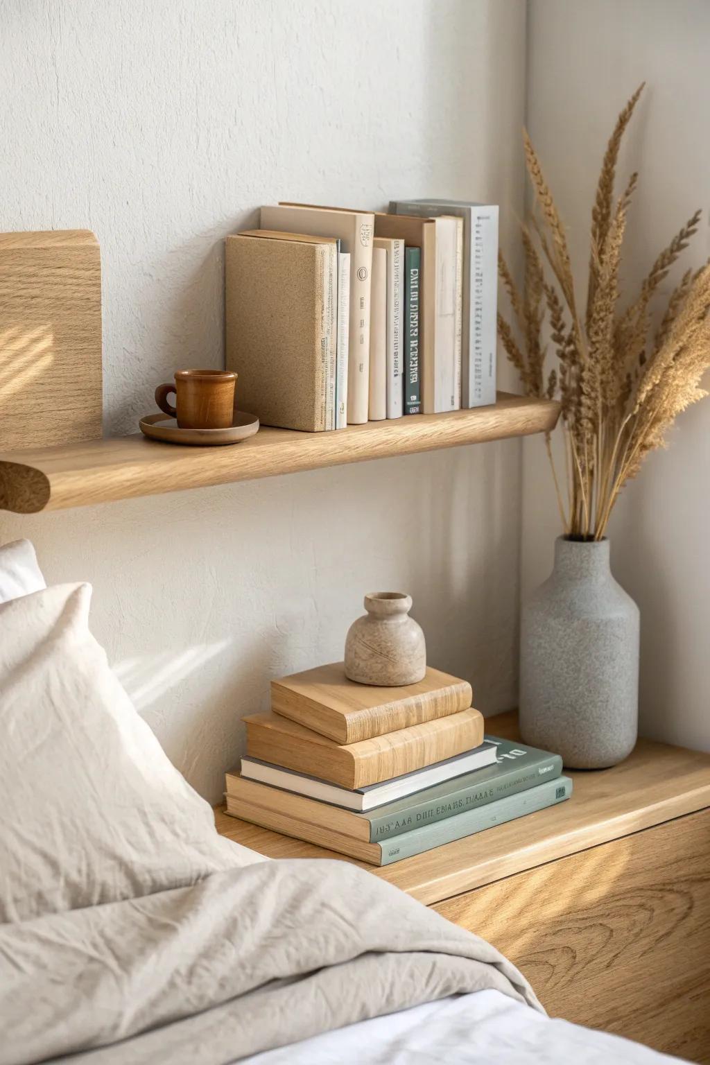 Floating shelves above the headboard: a curated row of bedtime books for an airy small-space look.