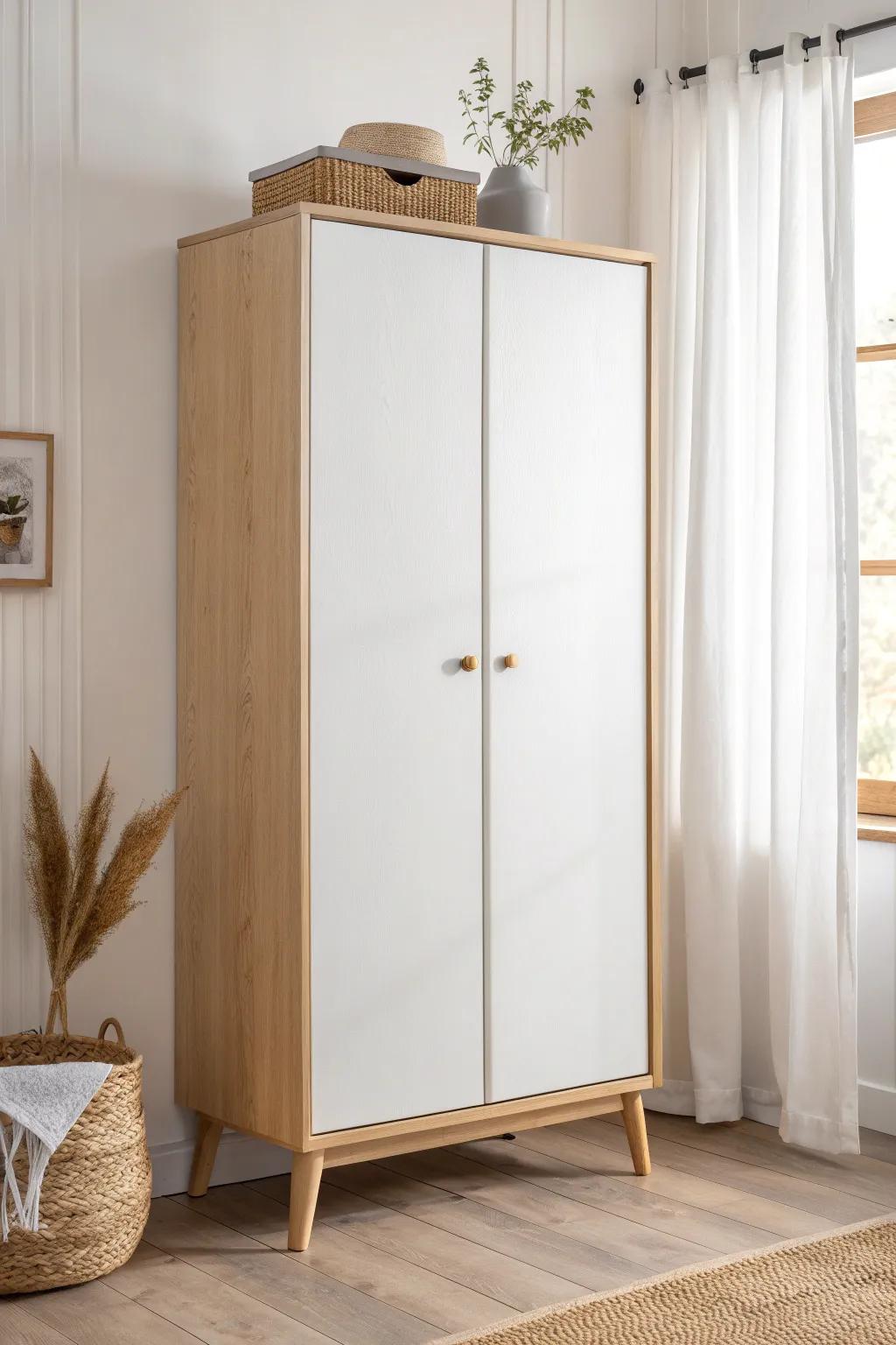 Soft white, flat-front cabinet with light oak accents—minimal finish that makes small bedrooms feel bigger.