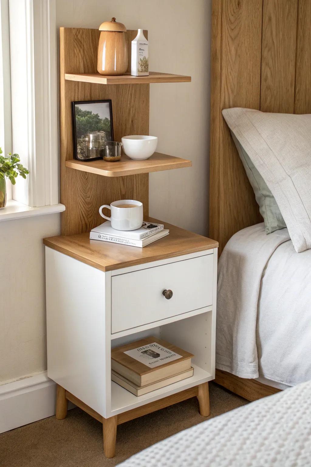 Floating corner shelves above the nightstand—extra bedside storage with a calm, minimal look.