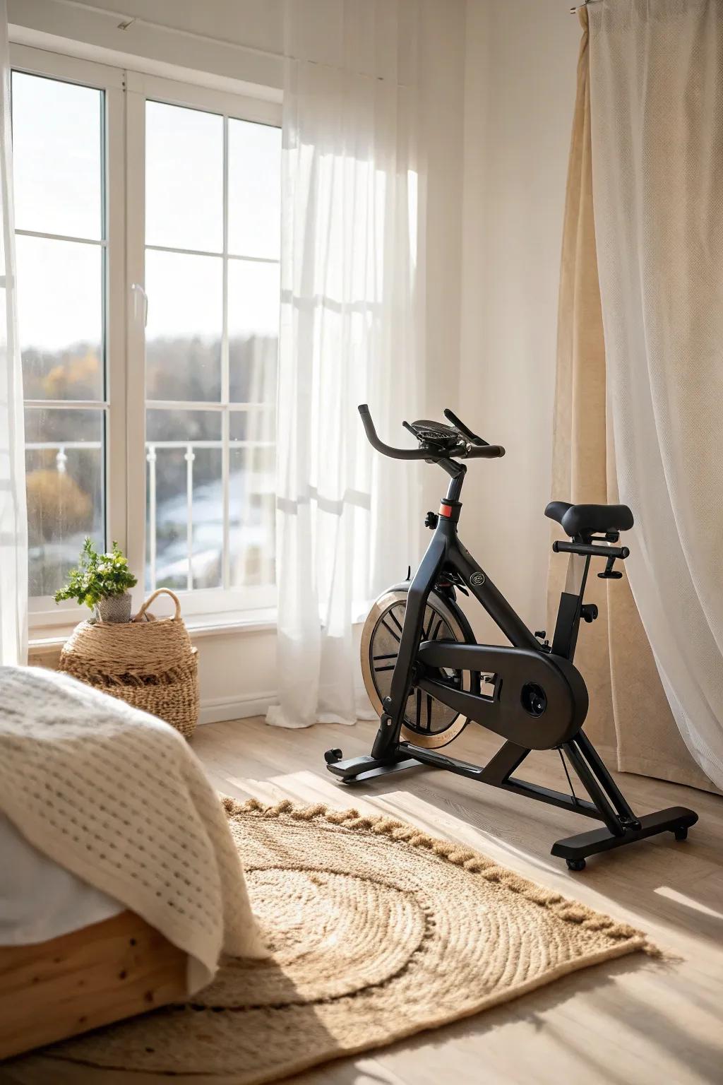 Point your cardio bike at the window for a brighter workout that feels like a mini escape.