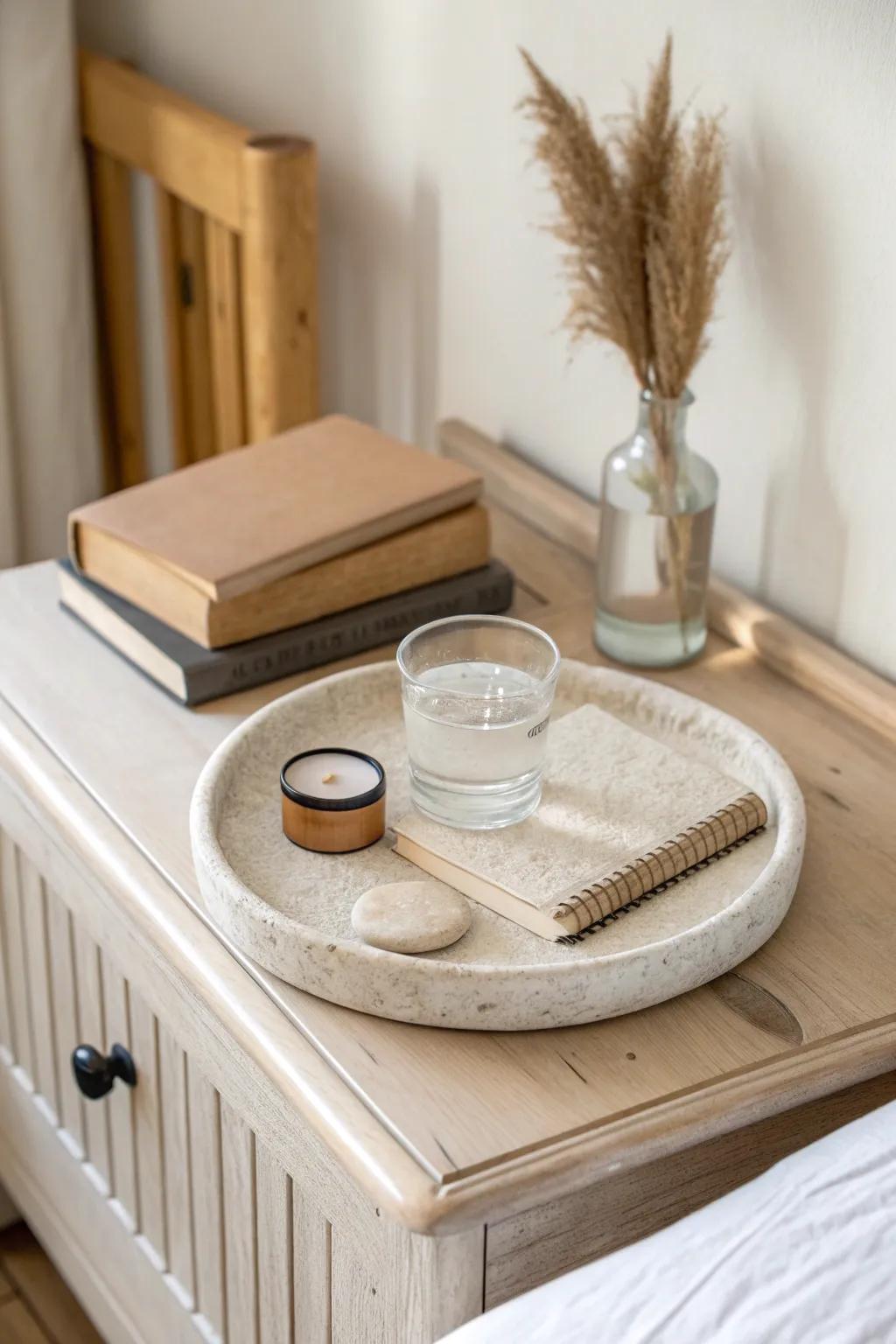 Turn a simple bedroom ledge into a mini nightstand zone—tray, water, book, balm.