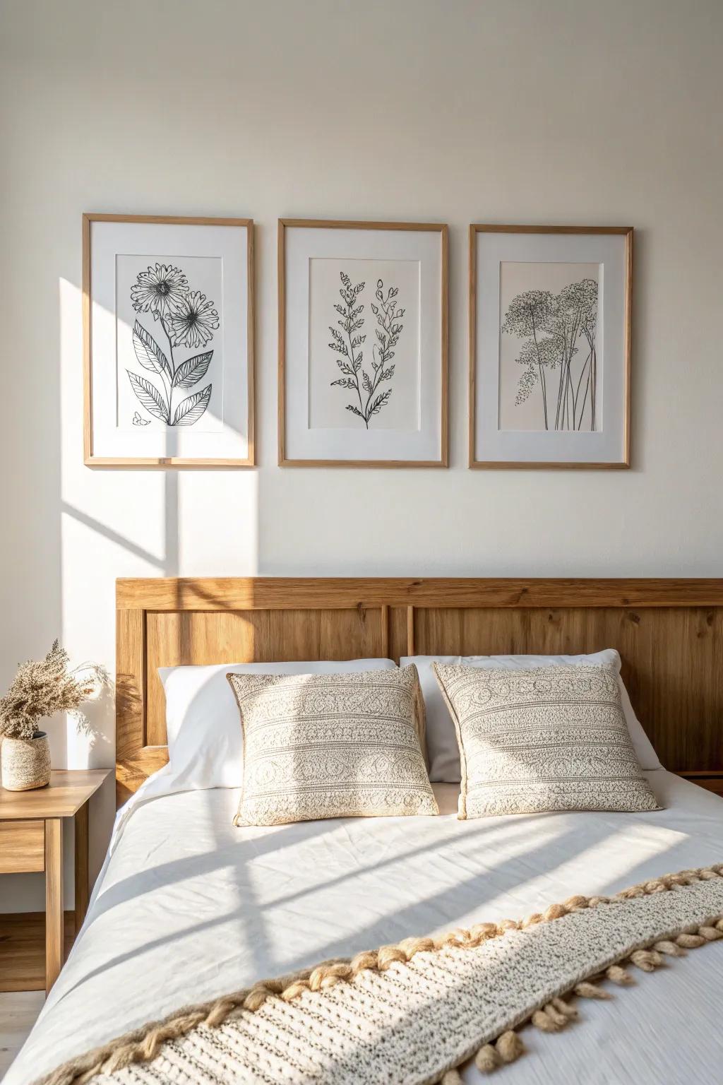 The rule of three: three matching frames, evenly spaced, for an instant polished headboard wall.