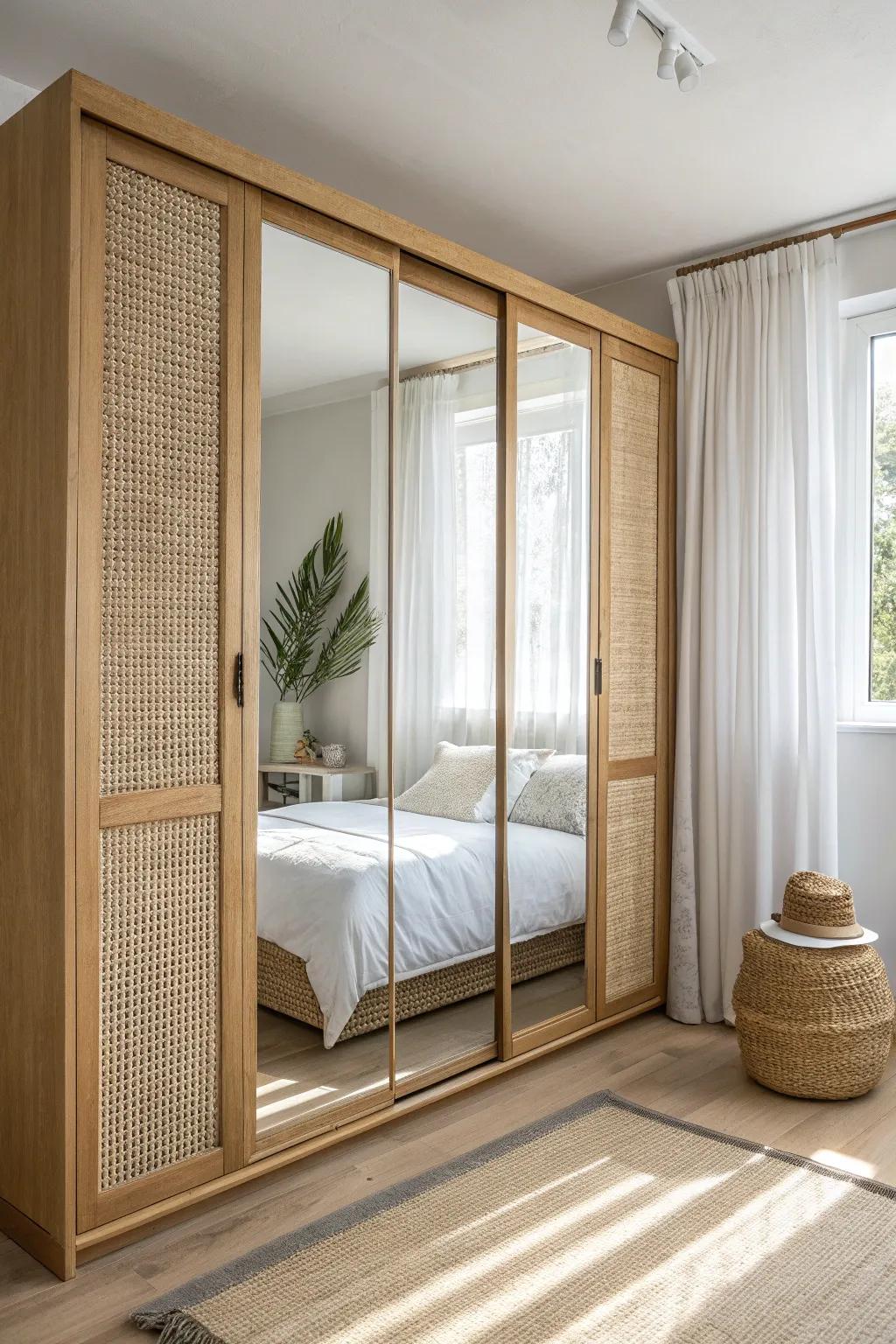 Mirrored wardrobe doors bounce light around, making a tiny bedroom feel instantly bigger.