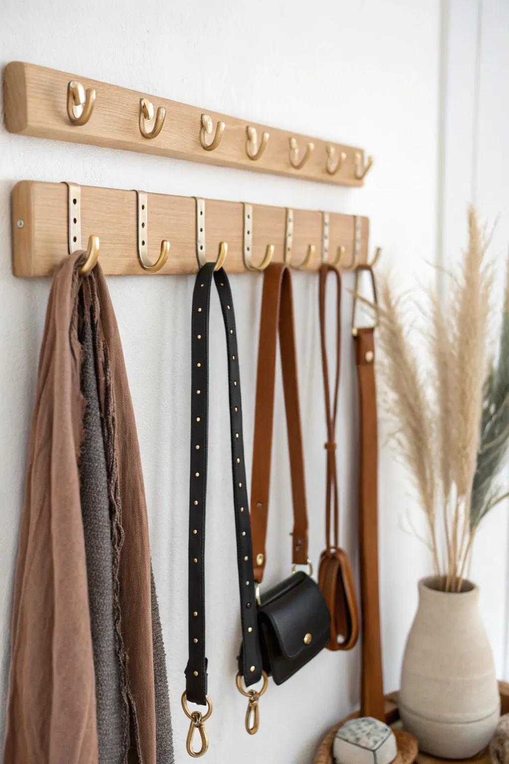 A slim oak peg rail turns belts into wall decor—kept smooth, tidy, and easy to grab.