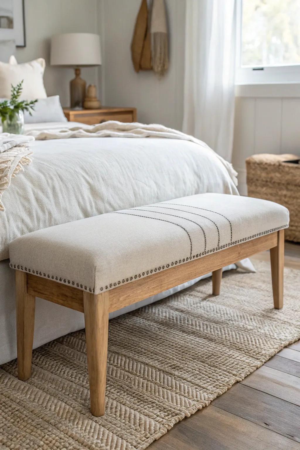 Soft, tight-weave upholstered bench—perfect small-space seating at the foot of the bed.