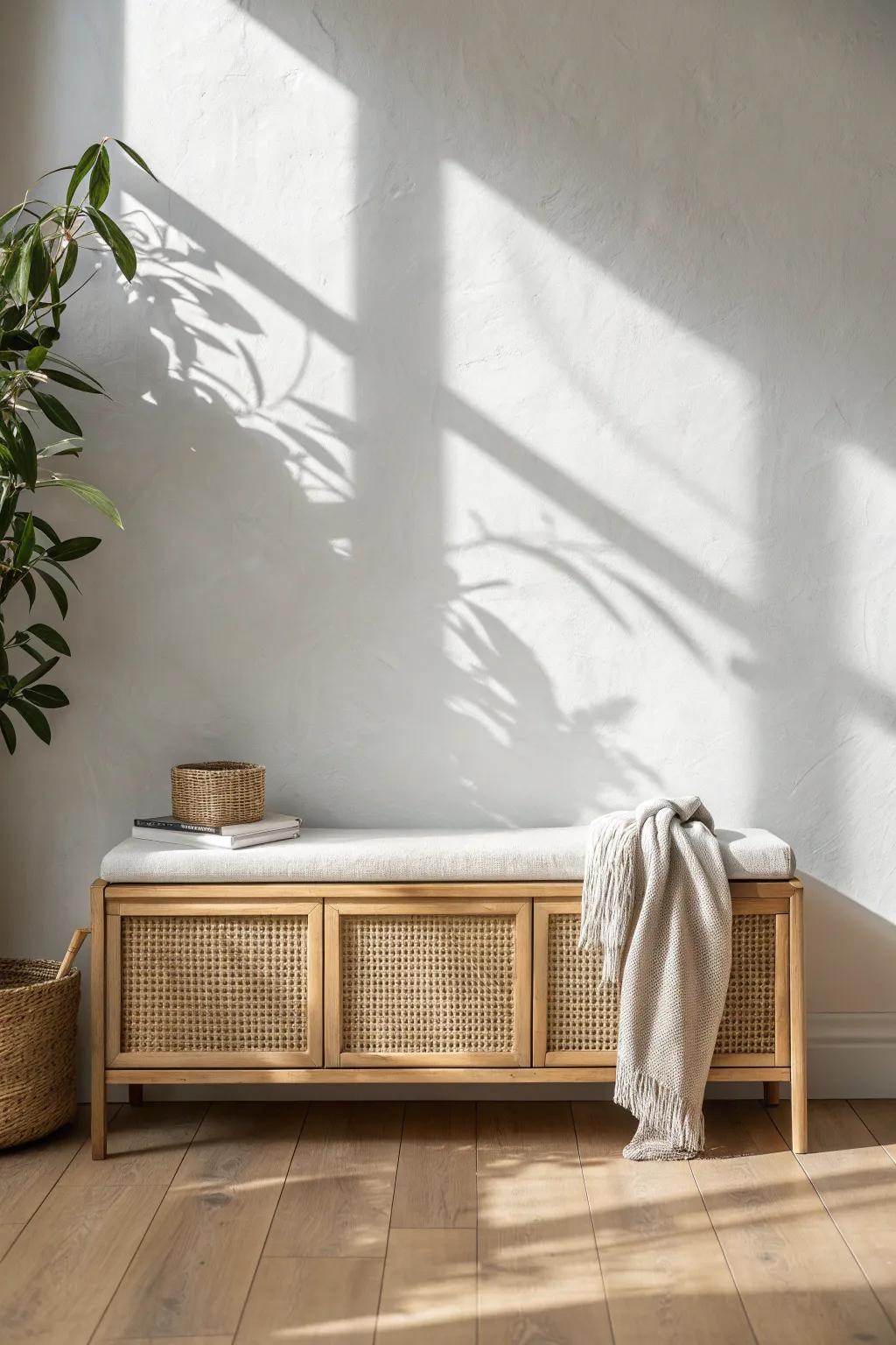 A slim storage bench turns an empty wall into cozy seating and hidden clutter control.