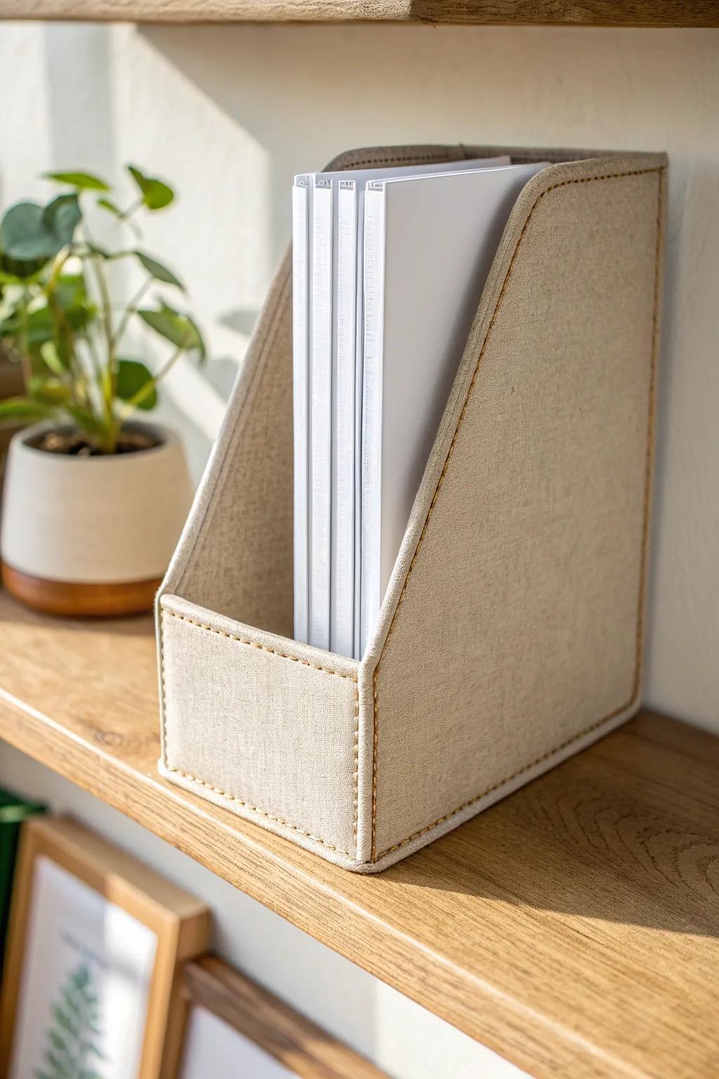 A simple magazine holder keeps slim binders upright—clean, minimal vertical storage.