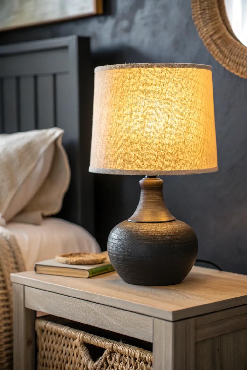 Warm layered light makes a small black bedroom feel cozy, luxe, and never boxy.