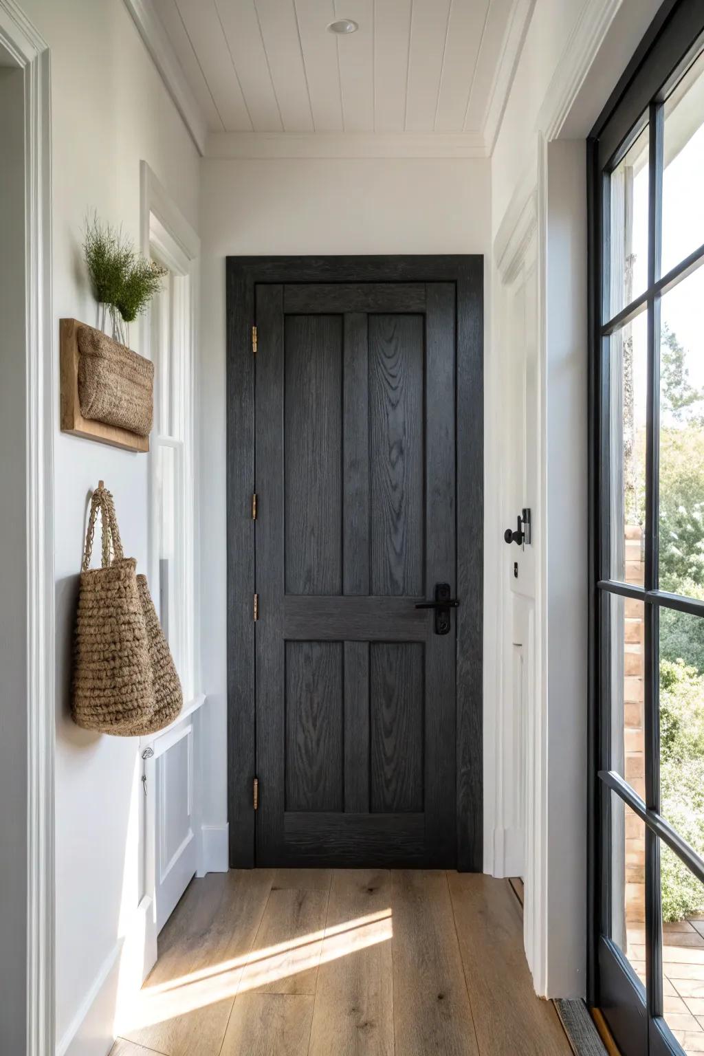 Matte black hallway doors create a cohesive look—perfect for unifying mismatched styles.