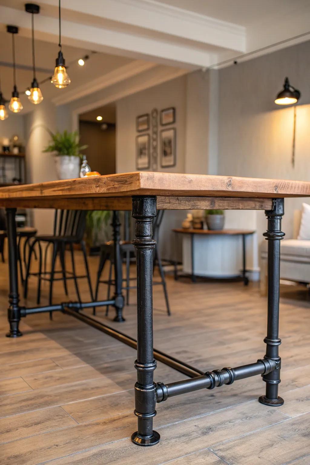 Bold elegance meets industrial charm: a dining table with black pipe legs and rustic wood.