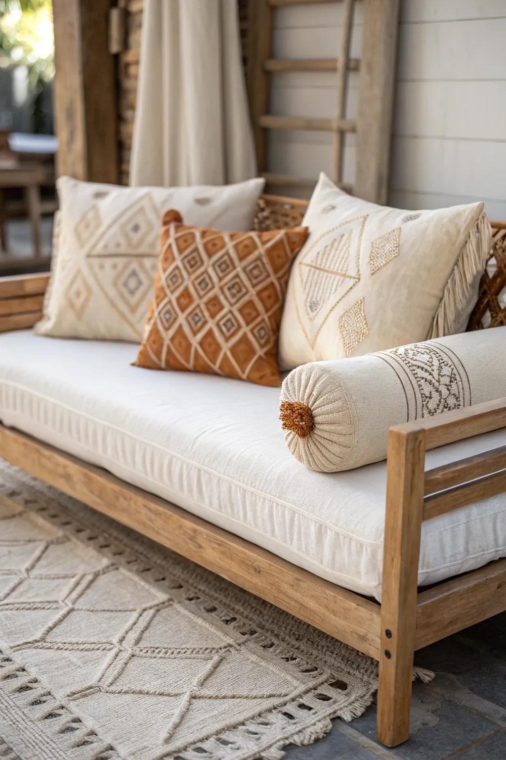 Style a boho daybed like a sofa with mixed pillow shapes—linen, embroidery, and a cozy bolster.