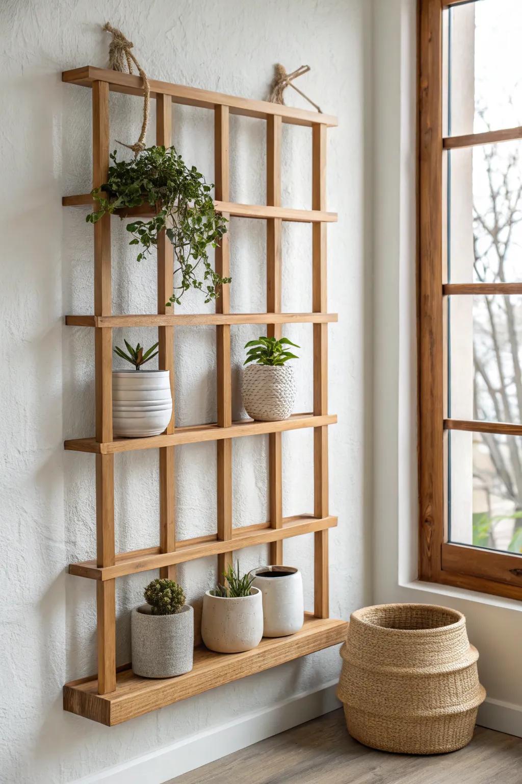 A wall-mounted bonsai shelf grid turns tiny spaces into calm, organized mini gardens.