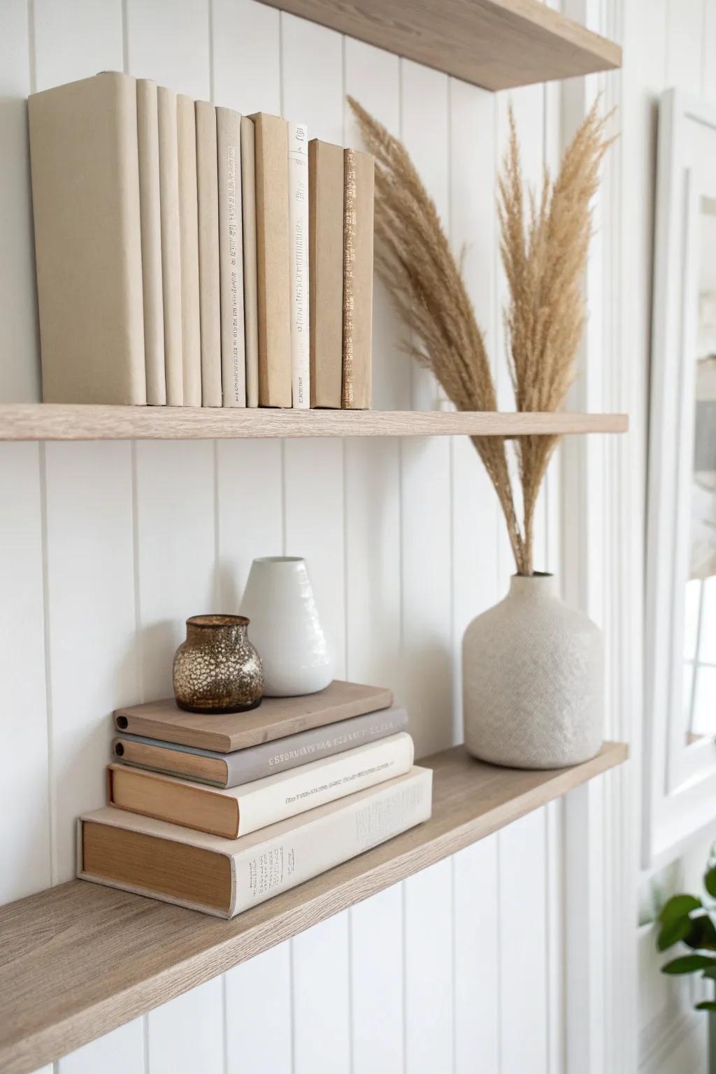 Mix vertical rows with a simple horizontal stack to make shelves feel airy in small spaces.