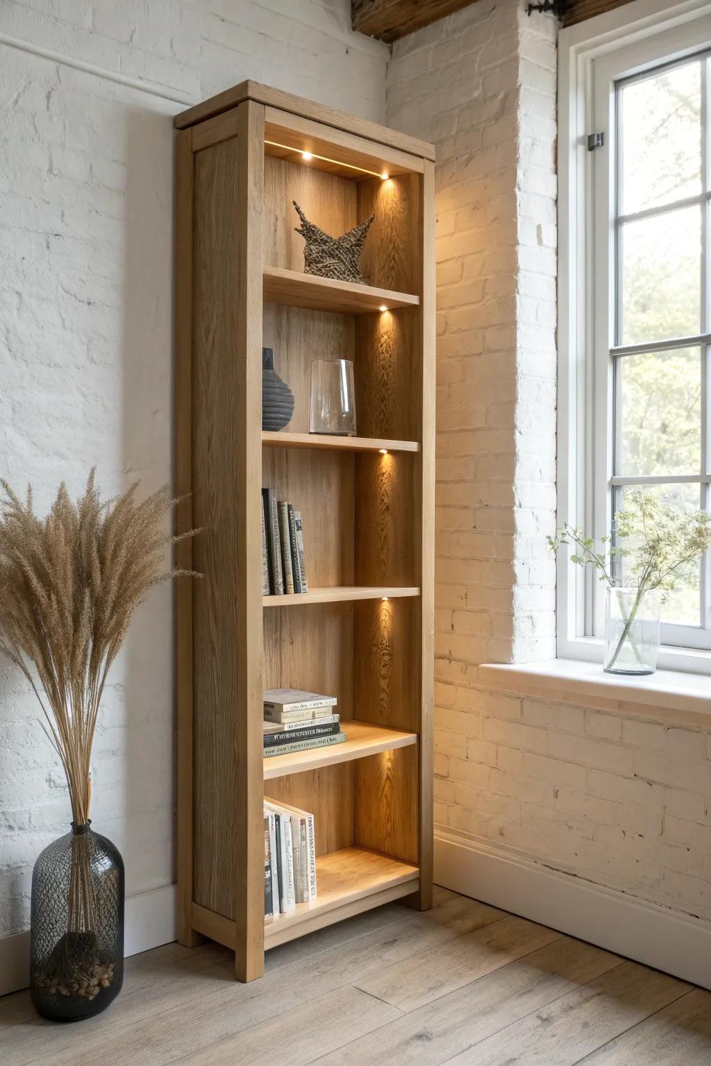 Warm LED backlit shelves create a soft halo that adds depth and elevates small-space storage.