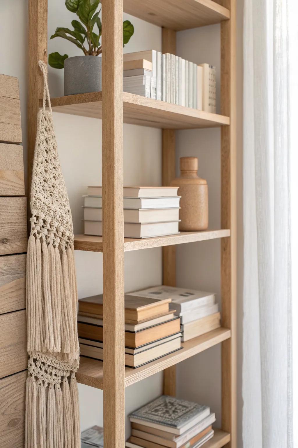 Alternate vertical rows with a biggest-to-smallest horizontal stack for a calm, curated shelf.