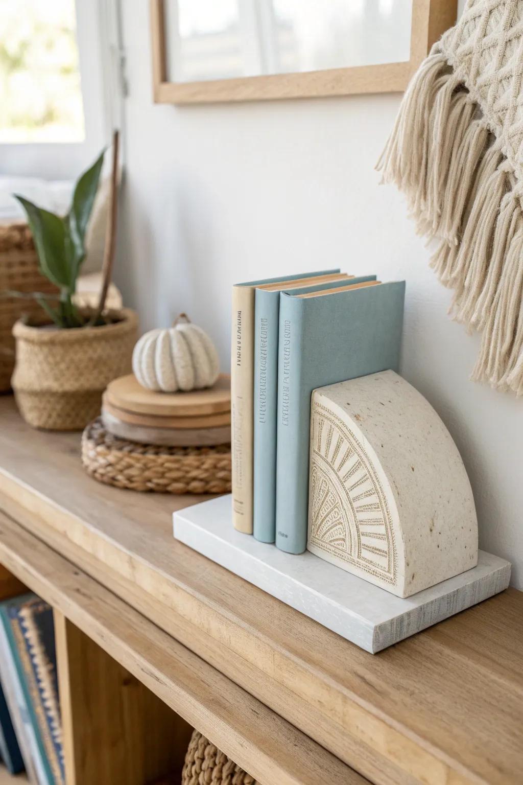Soft color-family book stacks (creams to dusty blues) for a calm, cohesive shelf refresh.