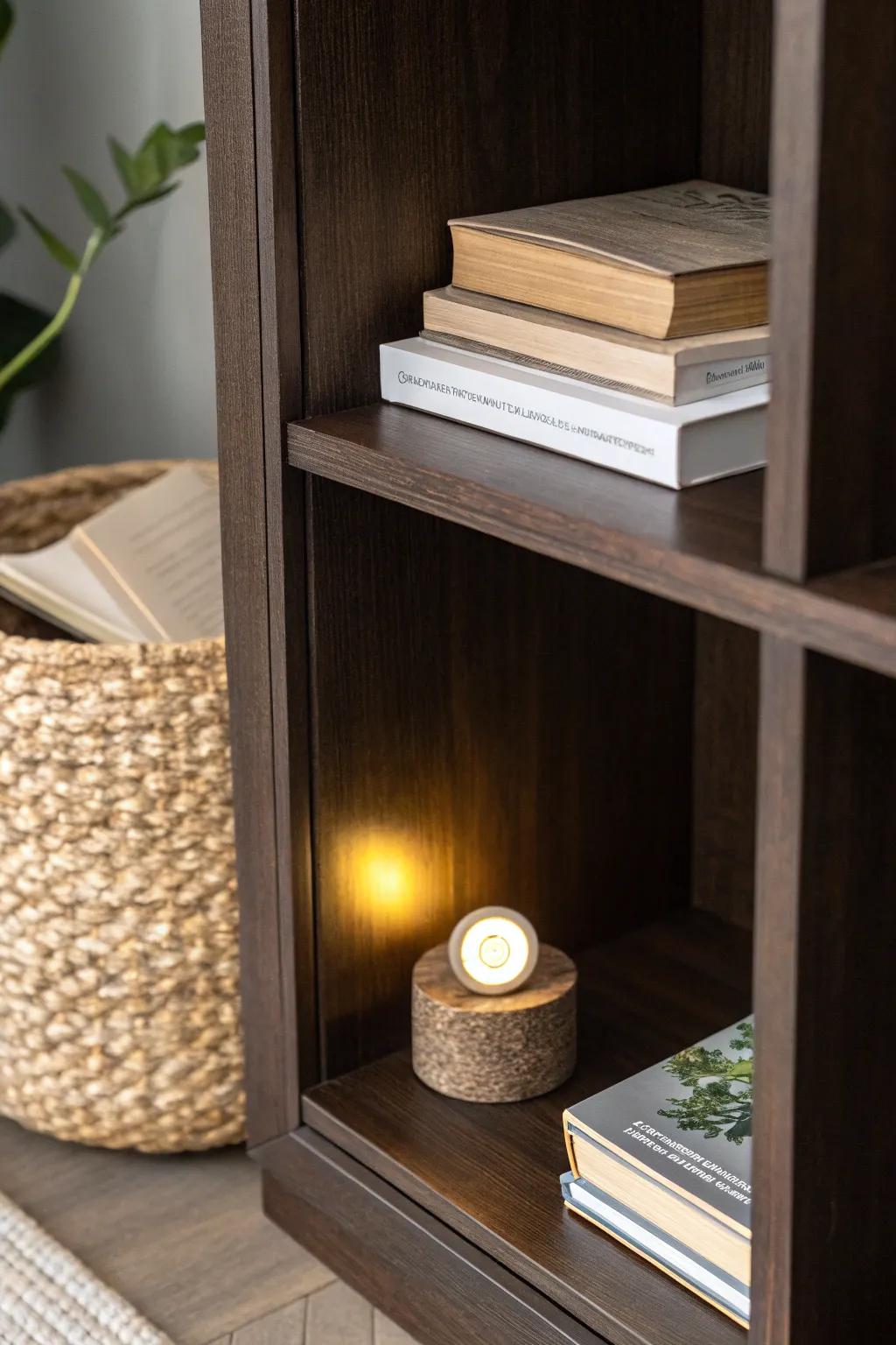 Warm mini puck light brightens a dark cubby shelf, making baskets and book stacks look styled.