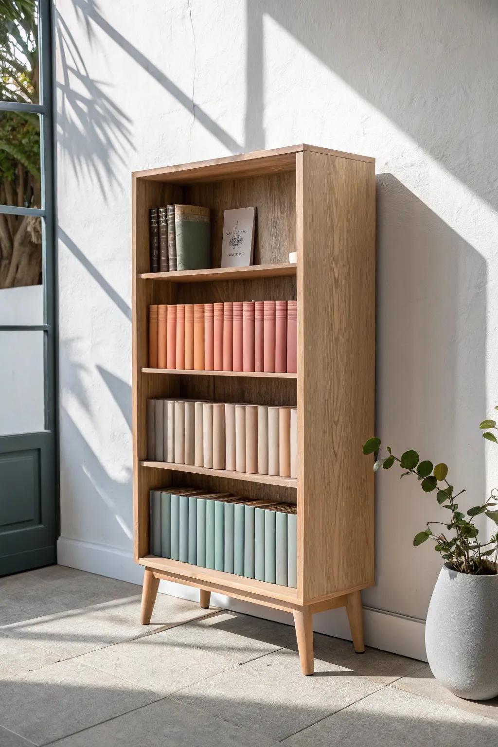 Color-block your books by spine shade for an instant styled shelf—no extra decor needed.