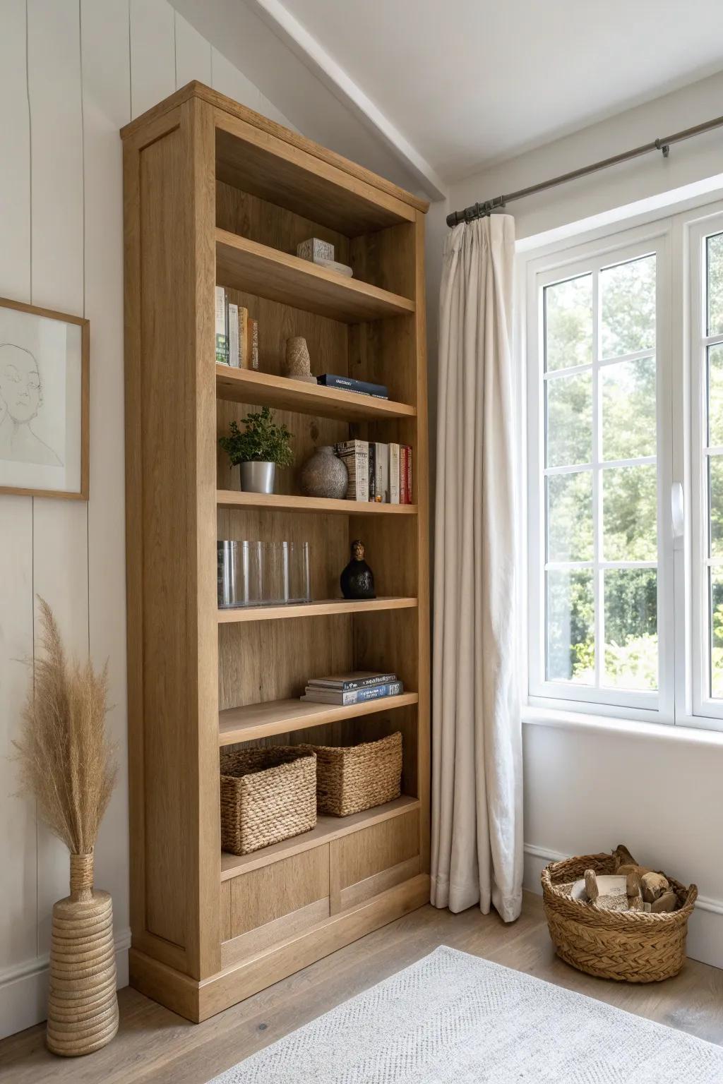 Floor-to-ceiling shelves around a window—keep top tiers pretty with baskets for an airy look.