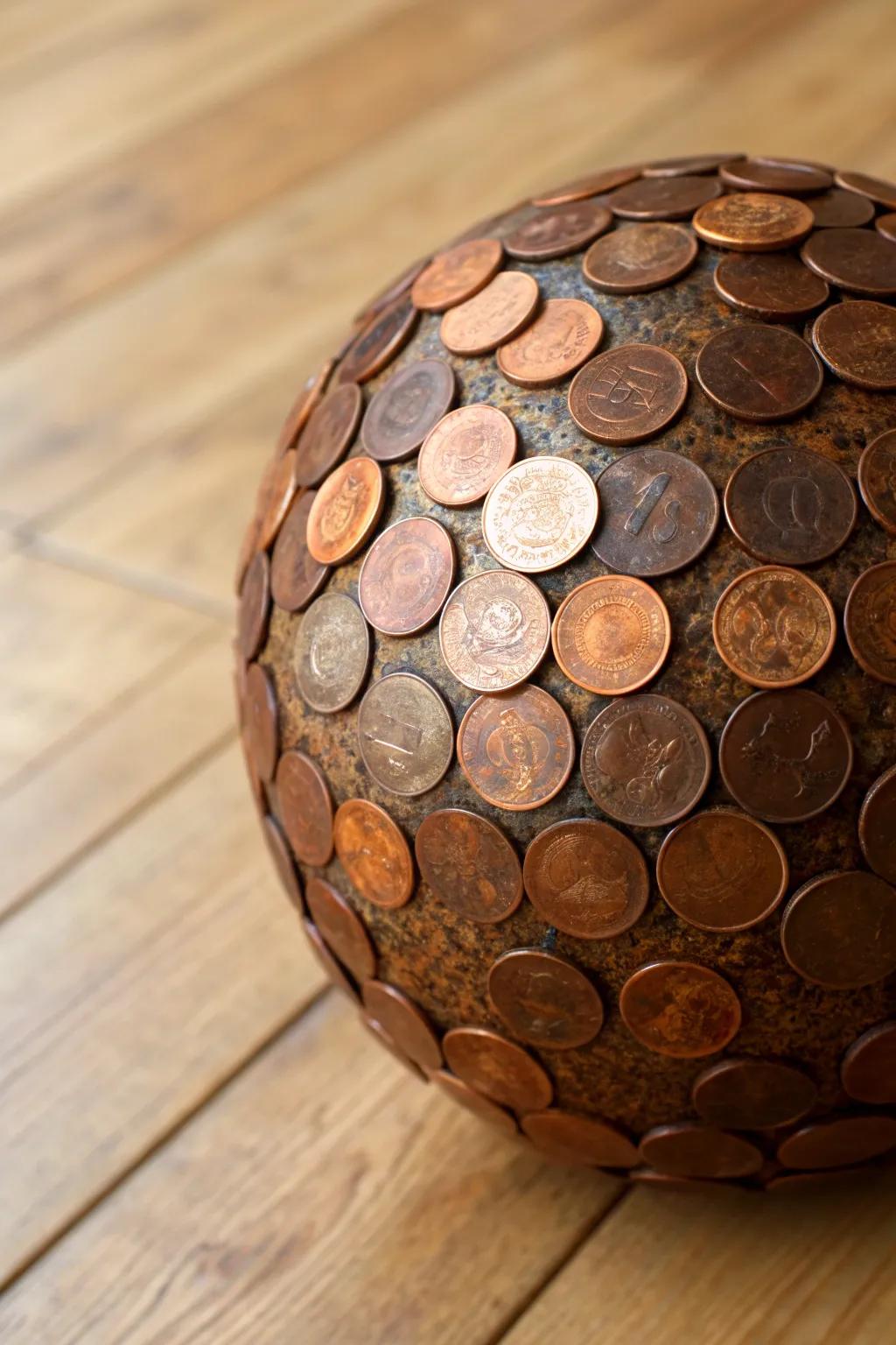 Transform spare change into a stunning masterpiece with this penny-covered bowling ball craft.