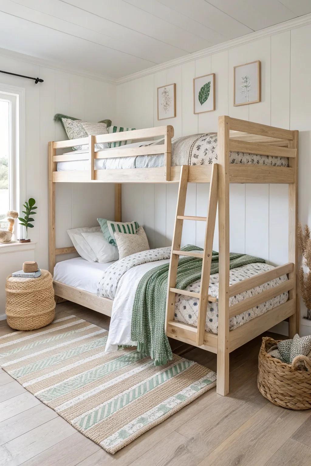 Same cozy quilt, two playful patterns—an easy way to make a shared bunk bed feel fair.