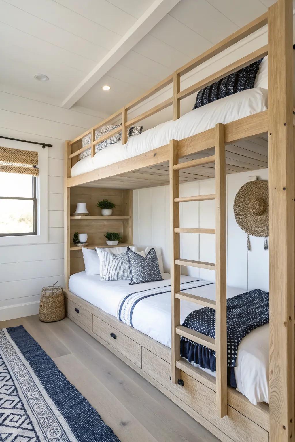 Wall-to-wall bunks with simple trim create a built-in look—custom style on a budget.