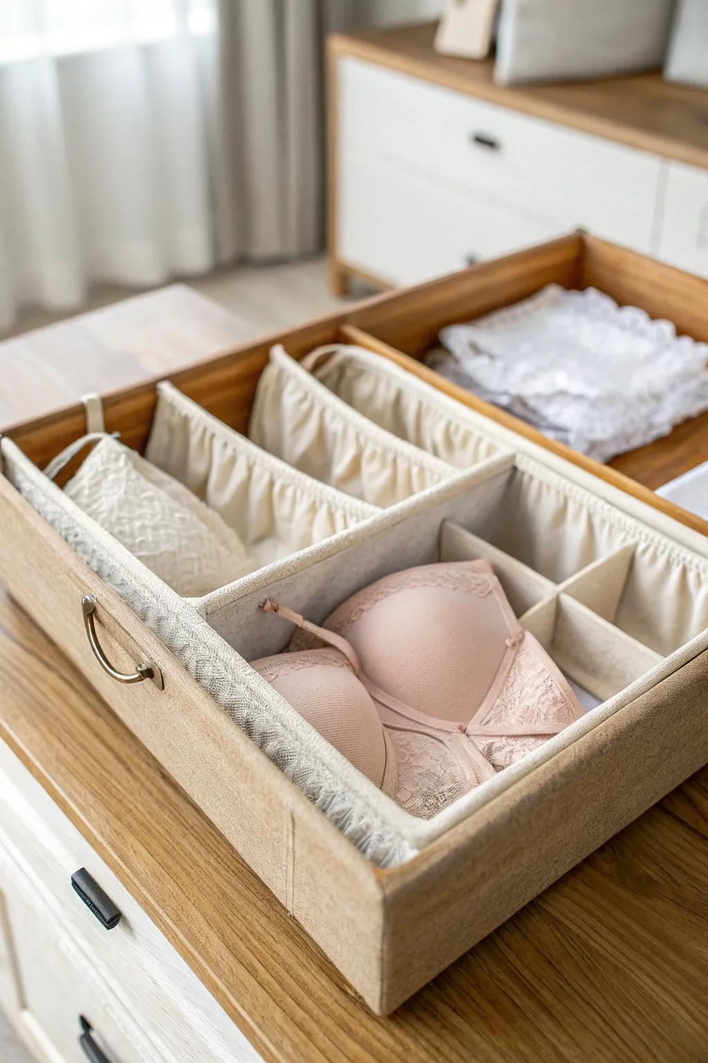 Compartment organizer insert: each bra gets its own slot—no crushed cups, just a calm drawer.