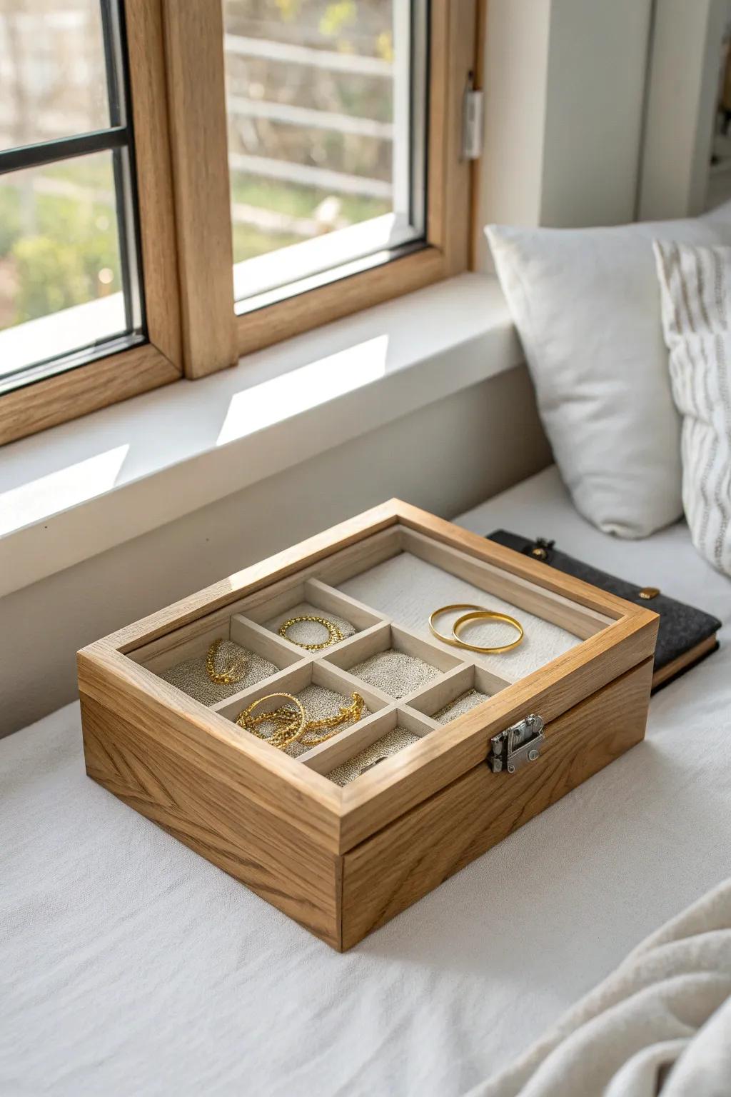 A clear-lid jewelry box keeps bracelets dust-free and visible—no more forgotten stacks.