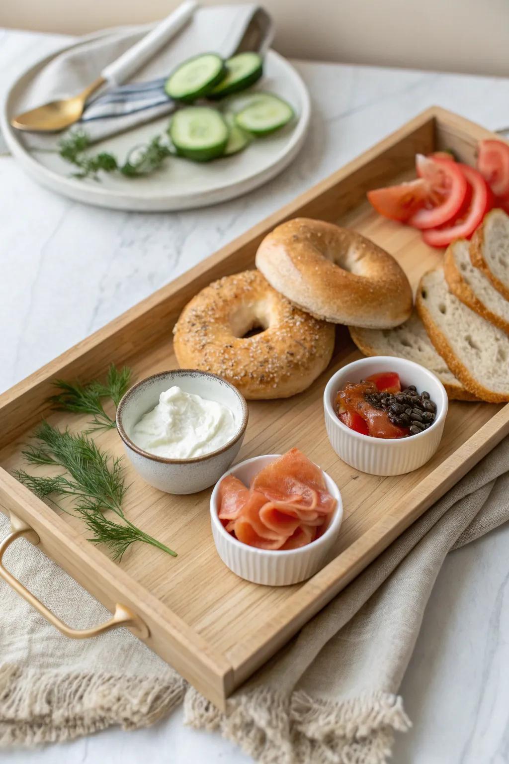 A minimalist bagel bar tray—mini bowls, fresh toppings, and build-your-own ease for small spaces.