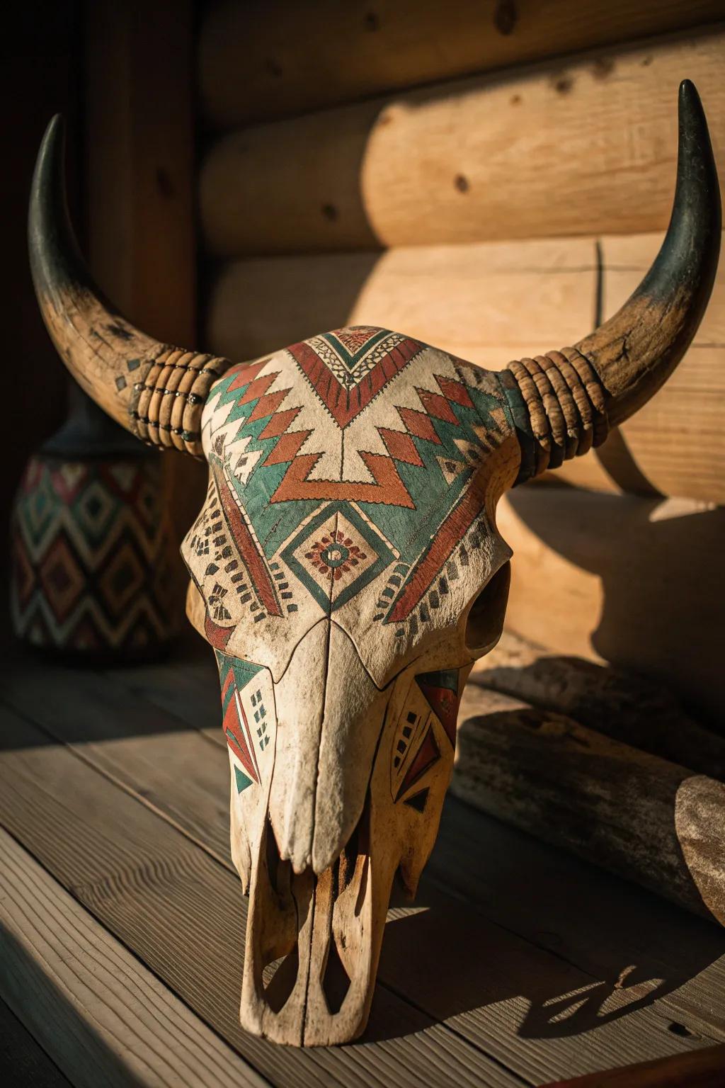 Reconnect with history through the art of tribal motifs on a buffalo skull.