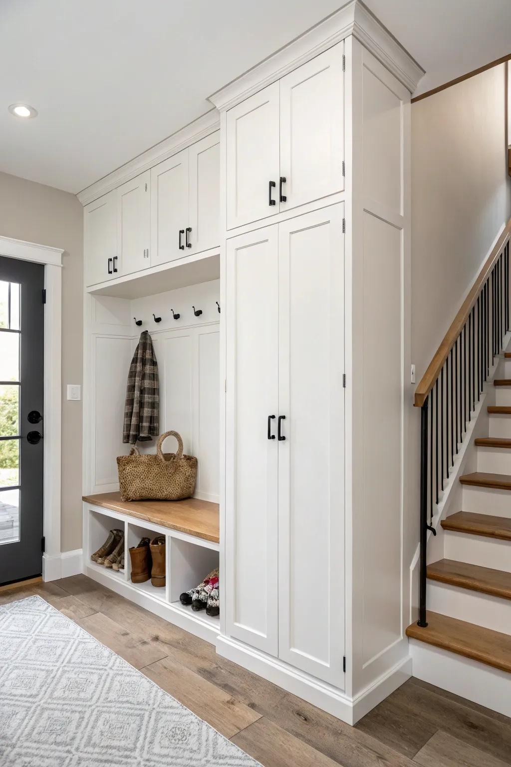 Slim built-in entry drop-zone with hidden shoe storage—Scandi calm with a soft boho touch.